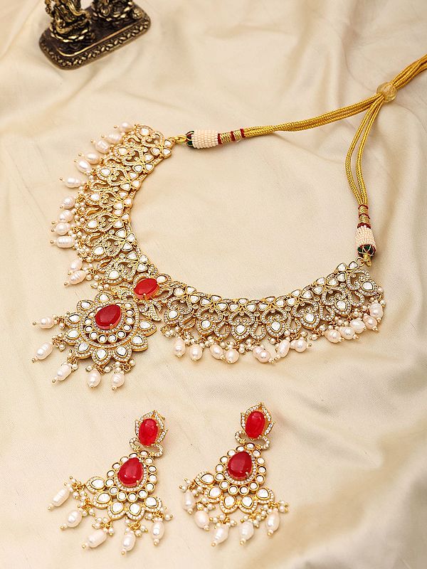 Floral Sterling Silver Necklace Set with Red Stones and Pearl Drops