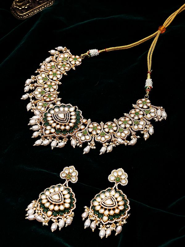 Floral Kundan-Style Sterling Silver Necklace Set with Green Stones and Pearl Drops