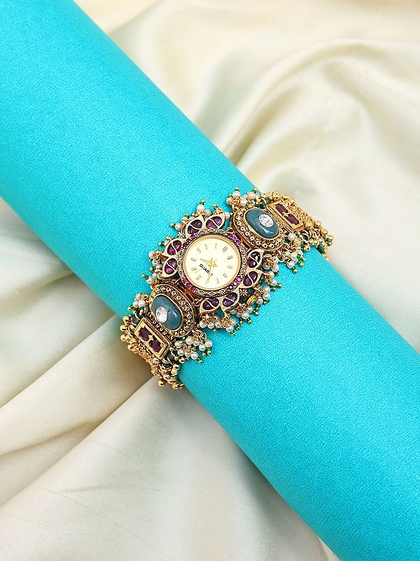 Kashmiri Meenakari Watch with Floral Kundan Embellishments