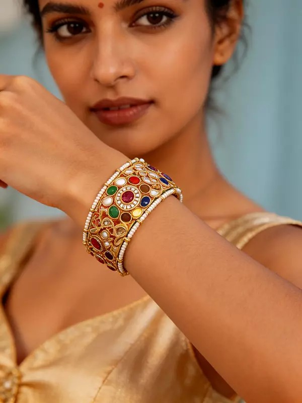 Openable Lacquer Bangle with Kundan Detailing and Navratna Stones