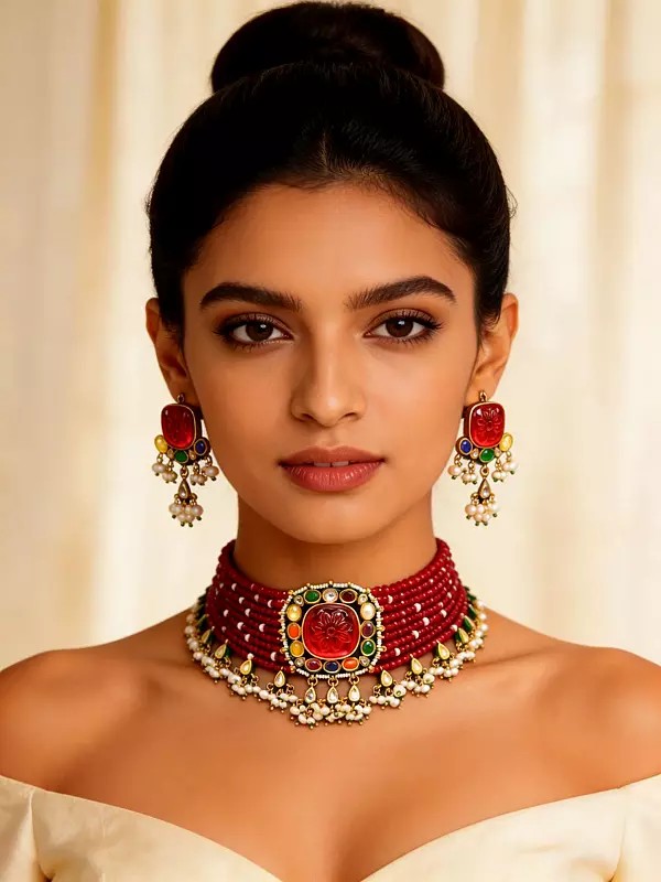 Multi-Strand Red Navratan Choker Necklace with Pearl Drop Earrings Set