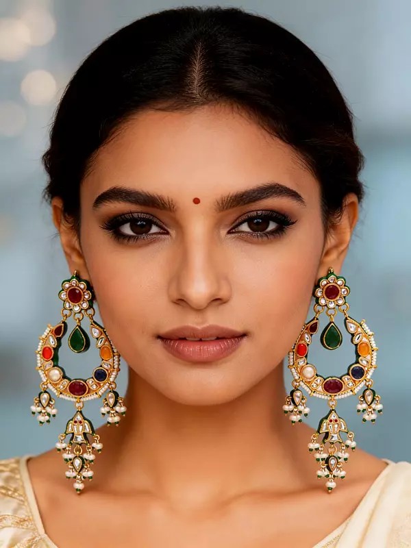 Navratna Style Polki Studded Lacquer Chandbali Pearl Drops Earrings