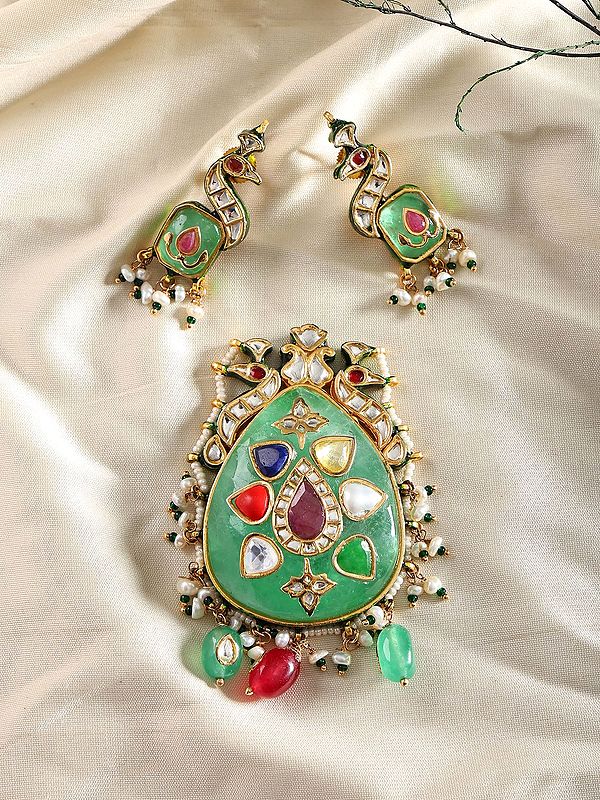 Peacock Motif Navratna Pendant and Earring Set with Pearl Accents