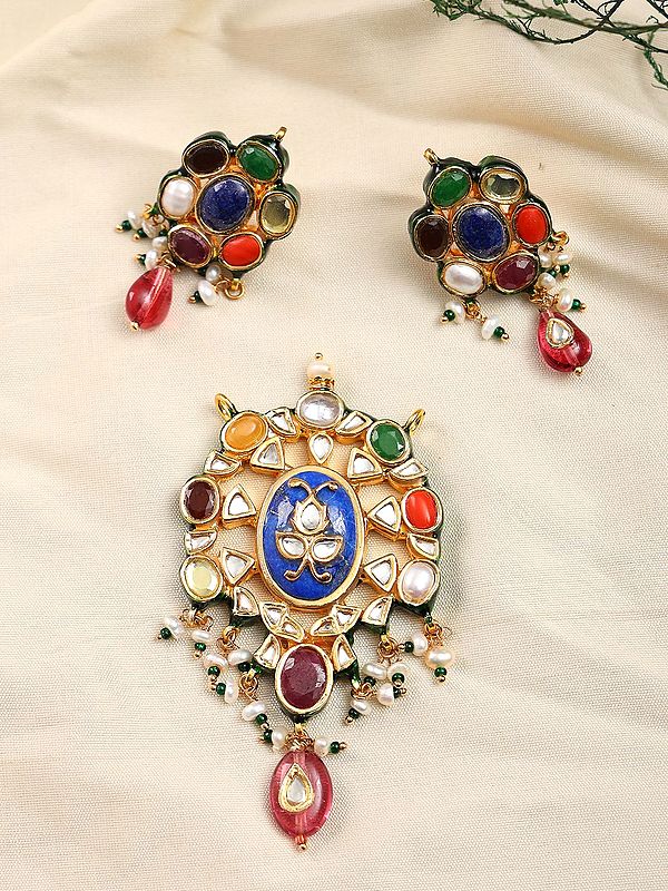 Navratna Style Polki Pendant and Earrings Set with Mixed Gemstones