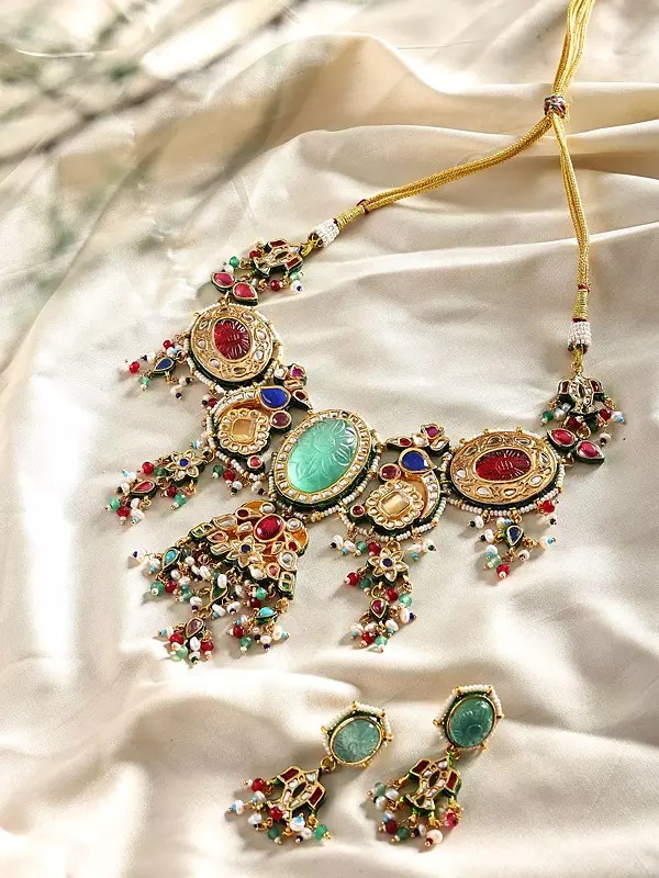 Kundan Lacquer Necklace Set with Emerald and Red Gemstone Drops