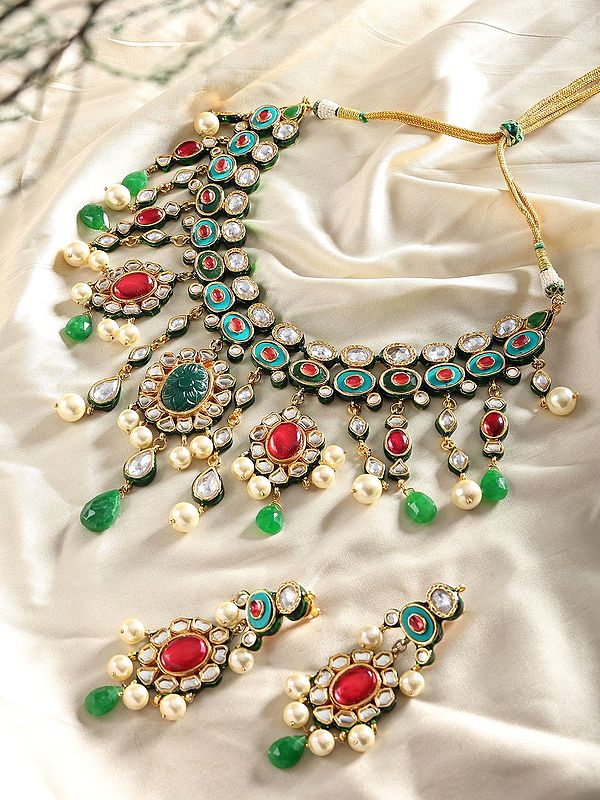 Oval Cut Stone Lacquer Necklace Set with Pearl Drop