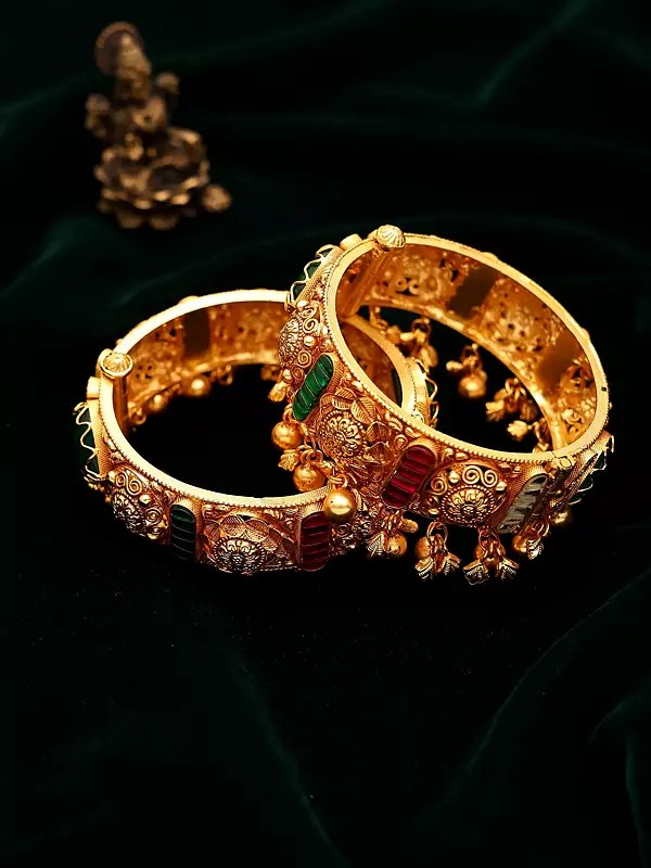 Temple Style Kundan Studded Openable Sterling Silver Bangles (Pair)