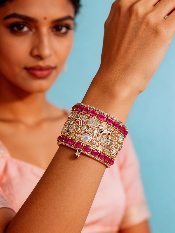 Gold Tone Openable Bangle with Peacock Design and Polki Stones