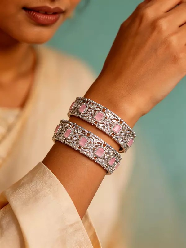 Pink Gemstone Openable Bangles with American Diamond Accents (Pair)