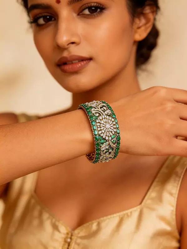 Openable Cuff Bracelet with Floral American Diamond & Emerald Stone Design