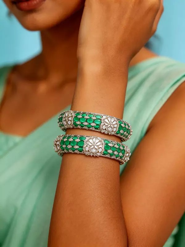 Floral American Diamond Stone Studded Openable Bangles with Crystal Accent (Pair)