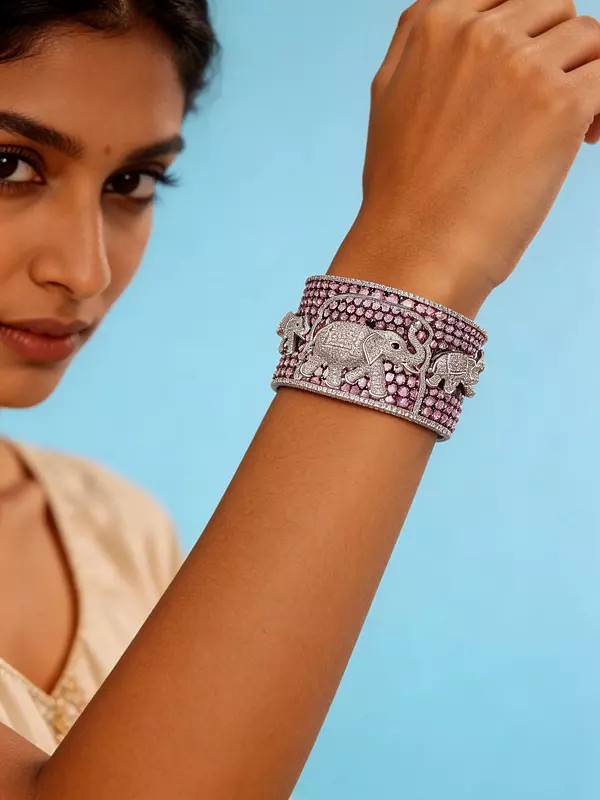 Openable Cuff Bracelet with Elephant Motif and American Diamonds