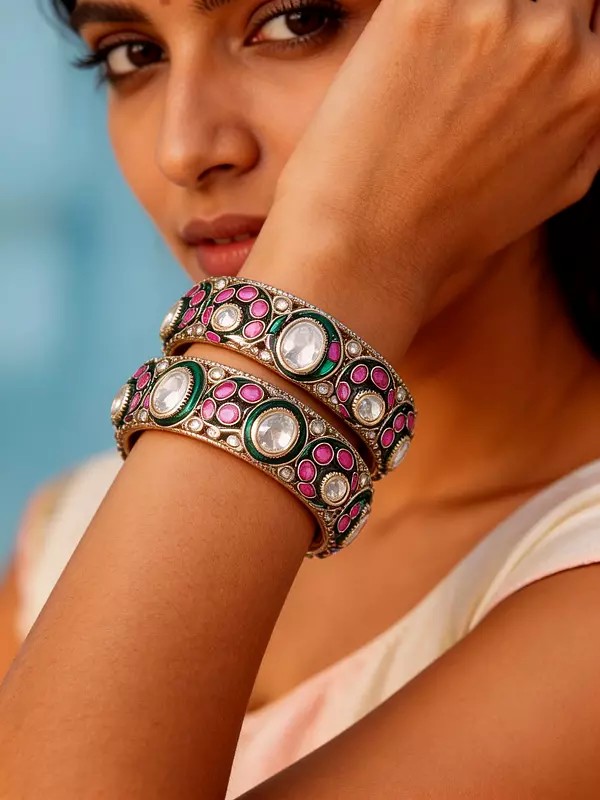 Openable Bangles: Antique Finish with Polki and Pink Stones (Pair)