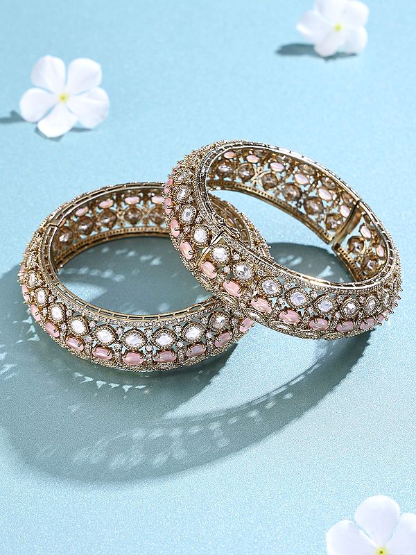 Blush Pink Stone Studded Openable Bangles with Polki Detailing (Pair)
