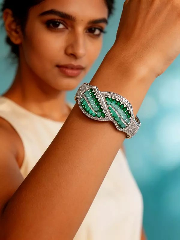 Openable Brass Bracelet with Crystal and Zircon Detailing