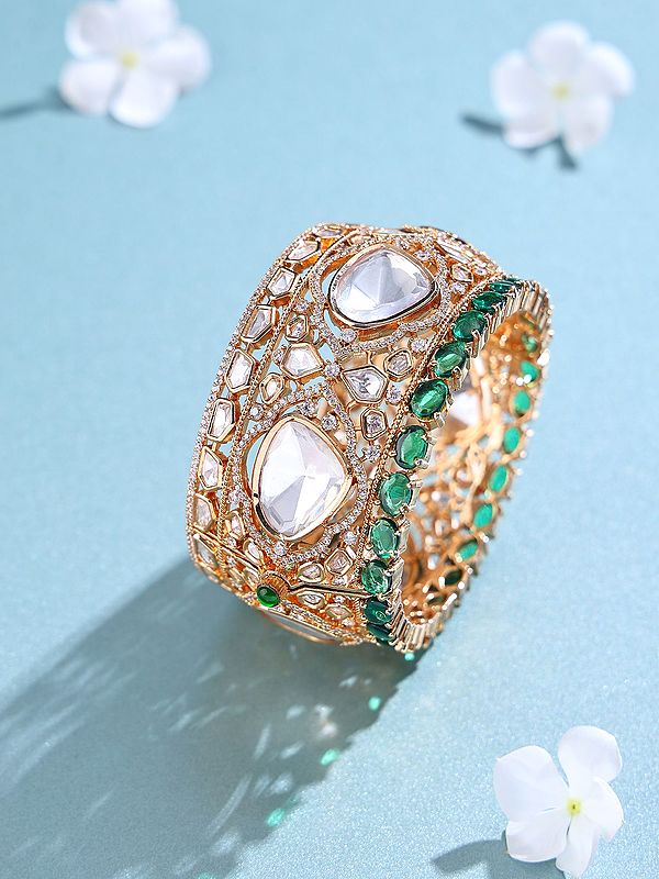 Openable Polki Stone Bridal Kada Bangle with Emerald Border