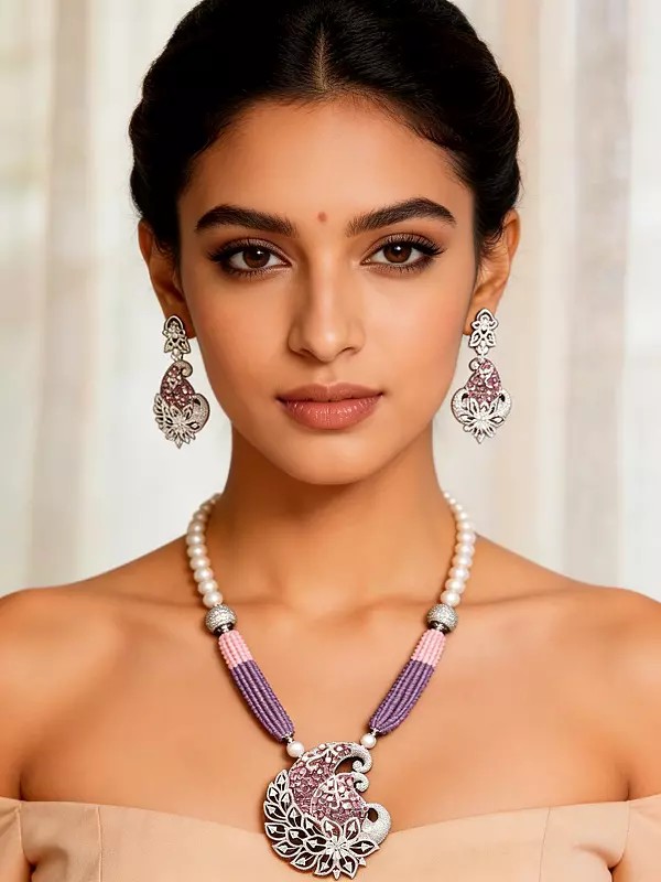 Zircon Stone Peacock Long Necklace and Earring Set with Multi Strand Beads