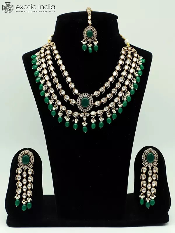 Monalisa Beads Triple Layer Stone Studded Necklace With Earrings And Mangtika