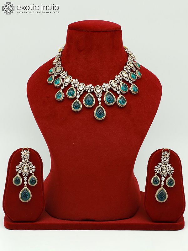 Floral Design Moissanite Kundan With Carbon Stone Elegant Necklace Set With Earrings