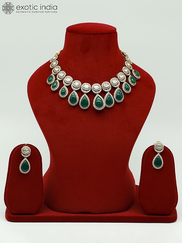 Floral Leaf Stone Studded Moissanite Kundan With Monalisa Beads Elegant Necklace With Earrings