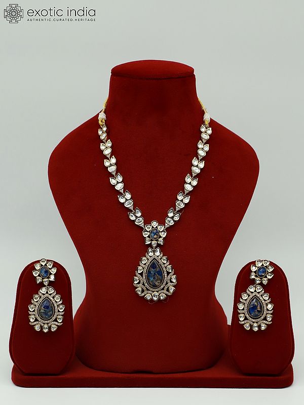 Stone Studded Moissanite Kundan Embellished Necklace With Matching Earrings