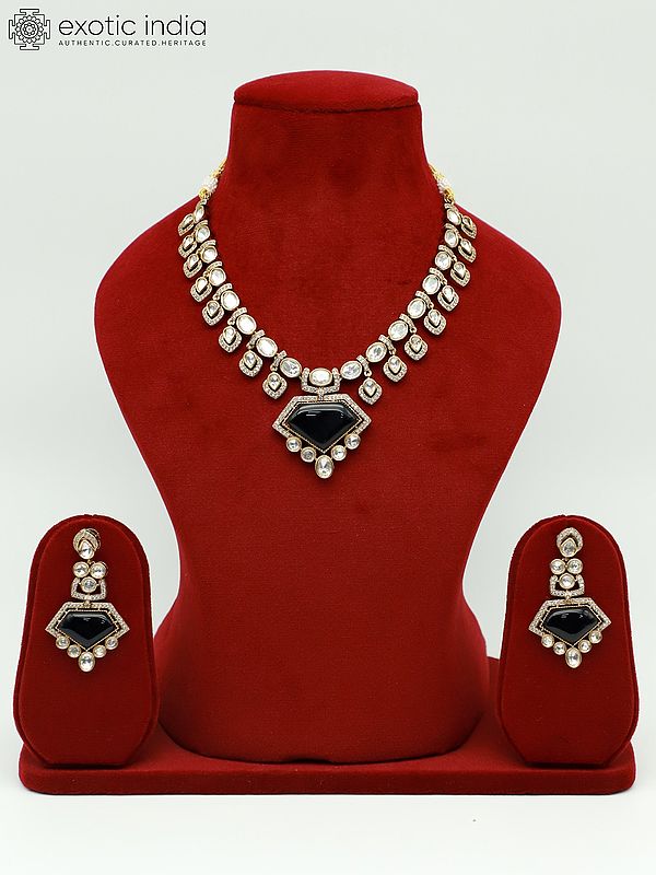 Beautiful Design Stone Studded Monalisa With Moissanite Kundan Necklace With Earrings