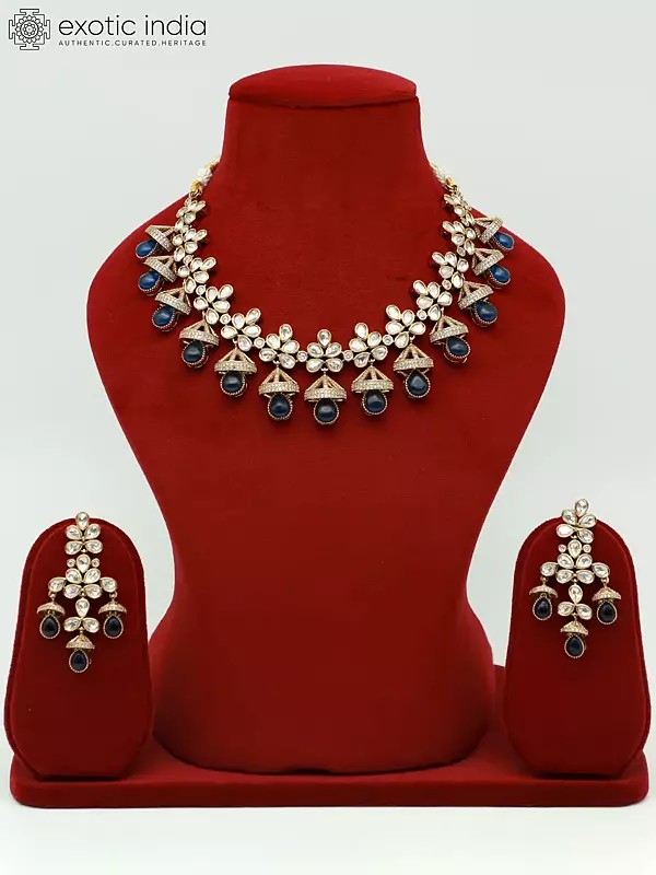 Stunning Floral Design Stone Studded Moissanite Kundan With Monalisa Beads Necklace With Earrings