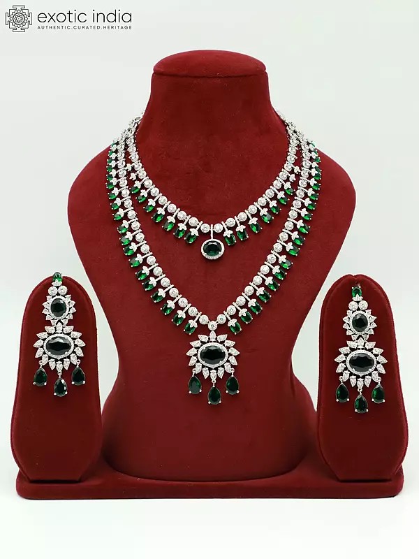 Floral Design Exquisite Stone Studded American Diamond Double Layered Necklace Set With Earrings