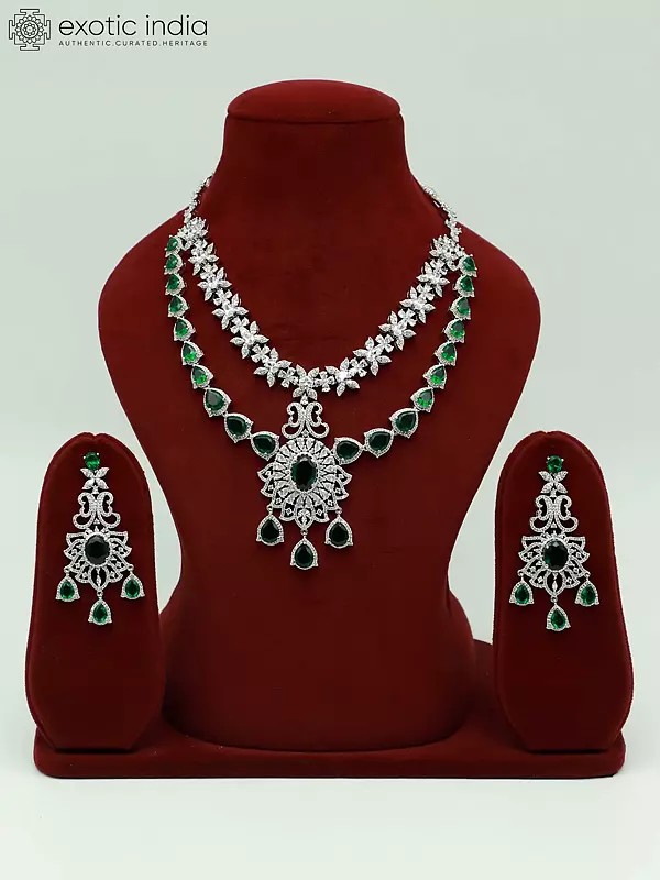 Double Layered Floral Design Stone Studded American Diamond Necklace Set With Earrings