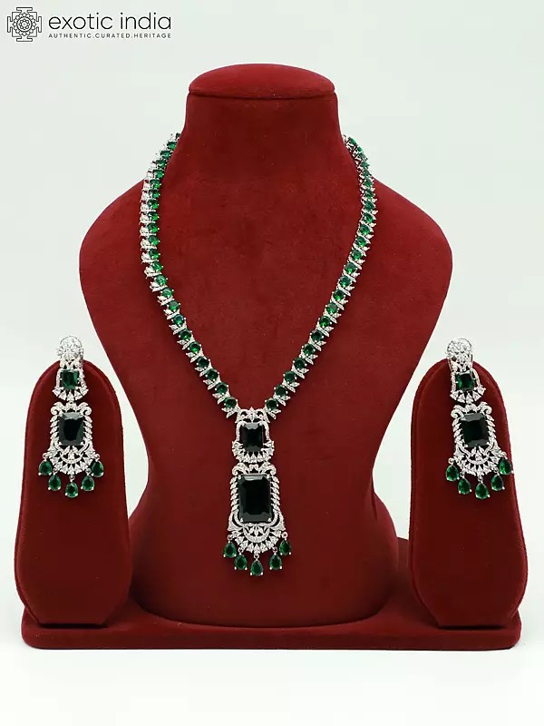 Attractive Floral Design Stone Studded American Diamond Necklace Set With Matching Earrings