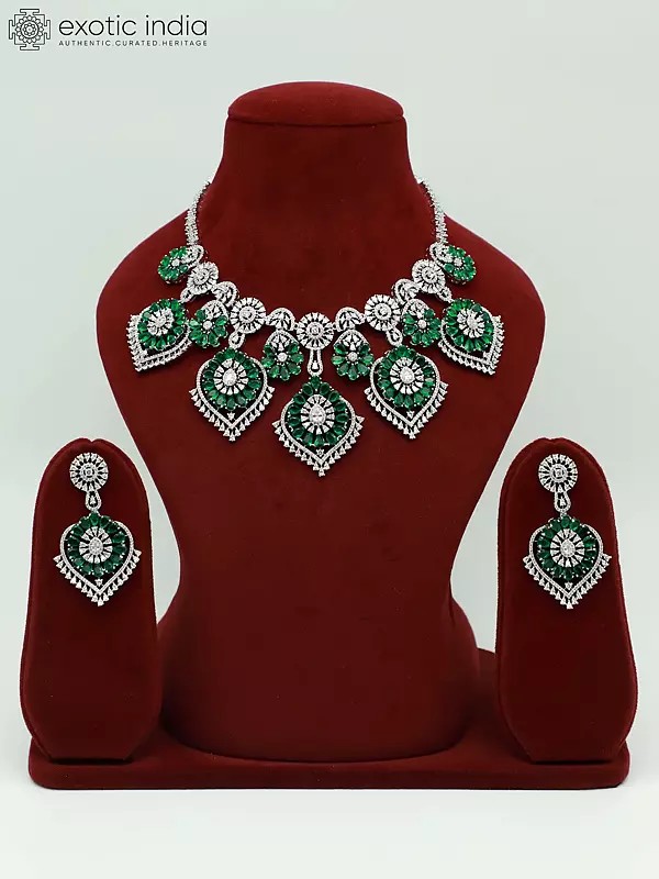 American Diamond Stone Studded Stunning Floral Design Necklace Set With Earrings
