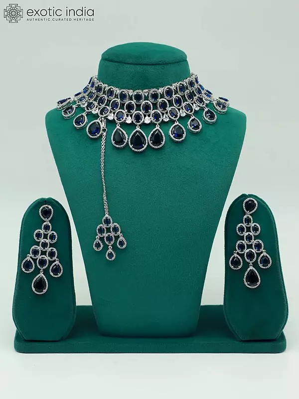 Elegant American Diamond Stone Studded Choker Necklace With Earrings And Mangtika