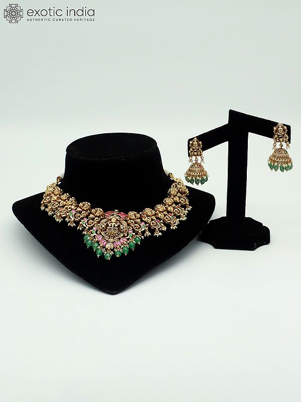 Stone Studded And Beaded Temple Goddess Traditional Necklace With Earrings