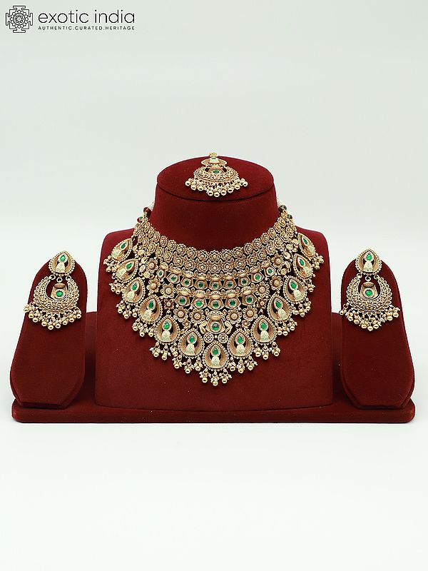 Floral Design Stone Studded And Beaded Choker Necklace With Matching Earrings And Mangtika