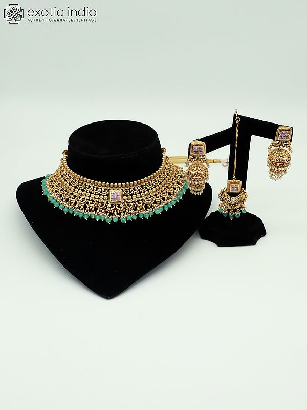 Exquisite Beaded And Stone Studded Choker Style Necklace With Attractive Earrings And Mangtika