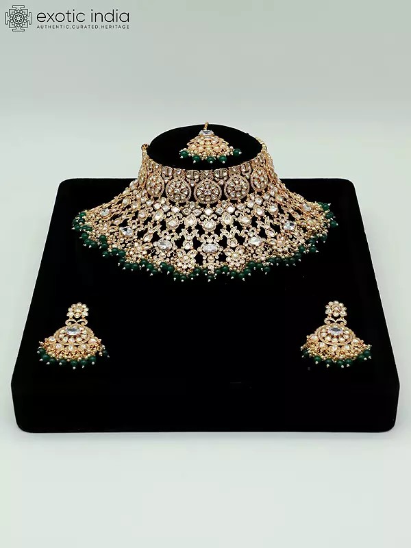 Embellished Stone Studded And Beaded Choker Necklace With Earrings And Mangtika