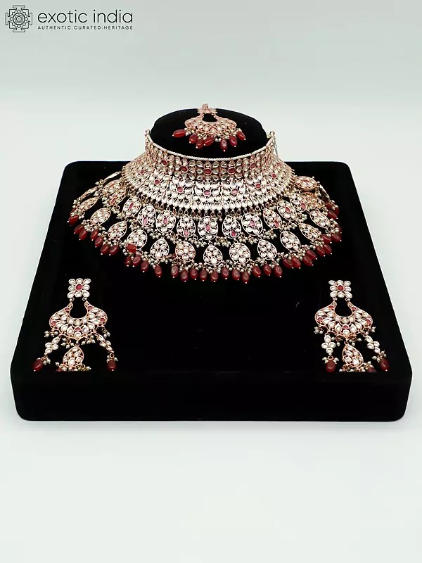 Elegant Stone Studded And Beaded Beautiful Choker Necklace With Earrings And Mangtika