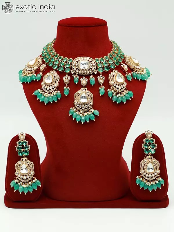 Stone Studded And Beaded Attractive Choker Necklace With Matching Earrings