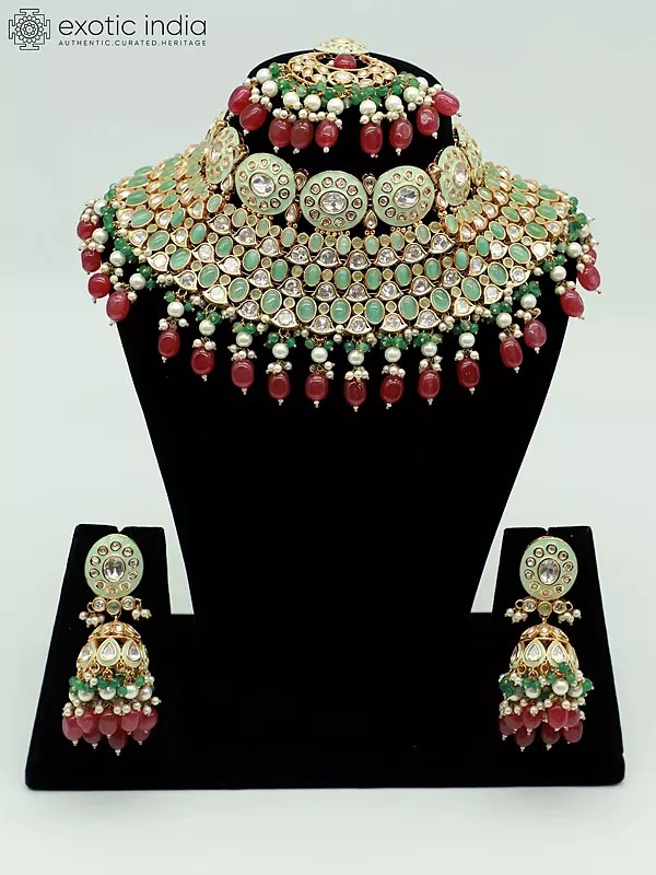 Stunning Stone Studded And Beaded Embellished Choker Necklace With Earrings And Mangtika