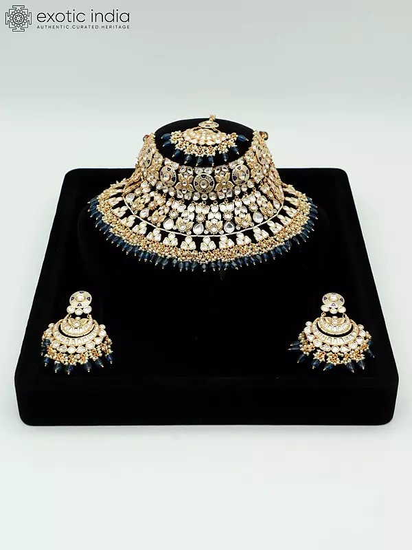Floral Design Stone Studded And Beaded Choker Necklace With Matching Earrings And Mangtika