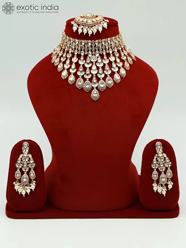 Embellished Moissanite Kundan With Matt Polish Choker Necklace With Earrings And Mangtika
