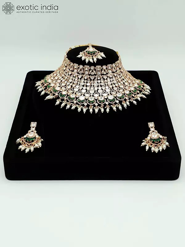 Stunning Stone Studded And Beaded Beautiful Design Choker Necklace With Earrings And Mangtika