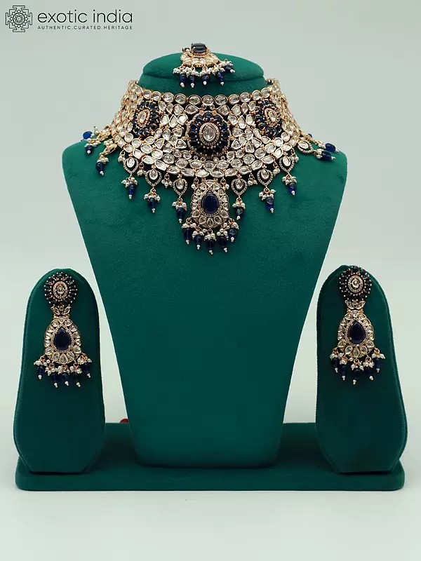 Choker Design Elegant Stone Studded And Beaded Necklace With Earrings And Mangtika