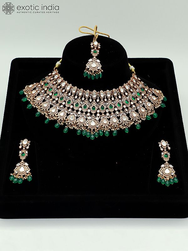 Moissanite With Mehendi Polish And Beaded Necklace With Earrings And Mangtika
