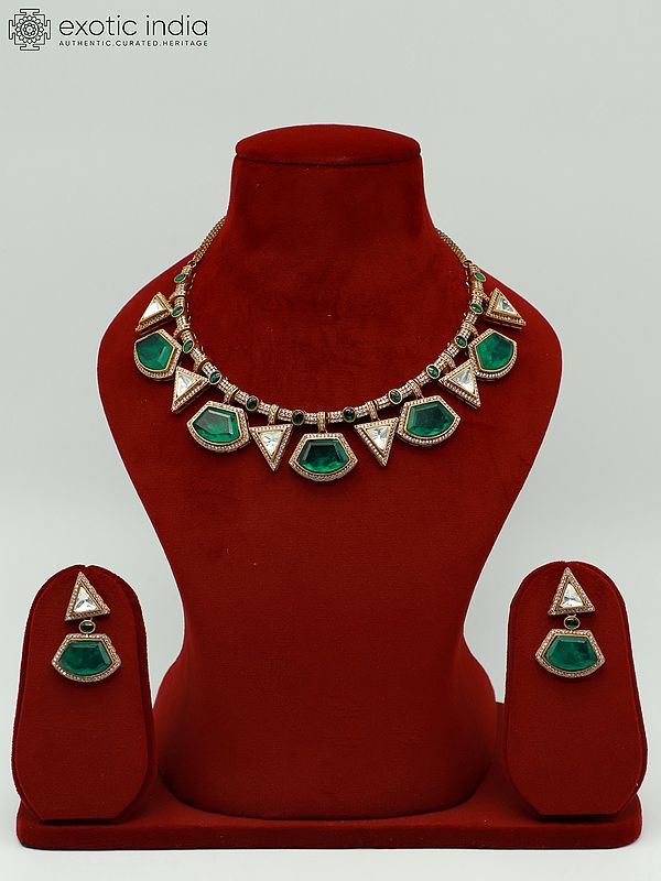 Geometric Design Exquisite Moissanite Kundan With Matt Polish Bridal Necklace With Earrings