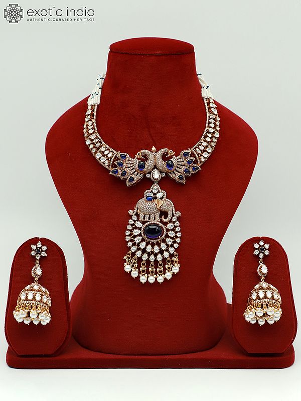 Beautiful Peacock Design Moissanite Kundan With Matt Polish Stone Studded Necklace