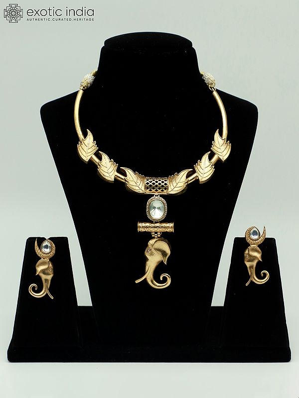 Leaf And Elephant Motif Matt Polish Elegant Necklace With Matching Earrings