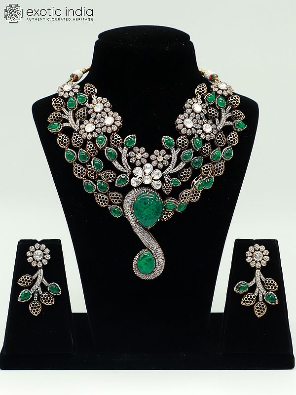 Floral Design Embellished Moissanite Kundan With Matt Polish Necklace With Earrings