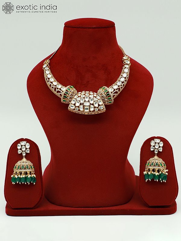 Fancy Moissanite Kundan With Matt Polish Stone Studded Necklace Set For Party Occasion