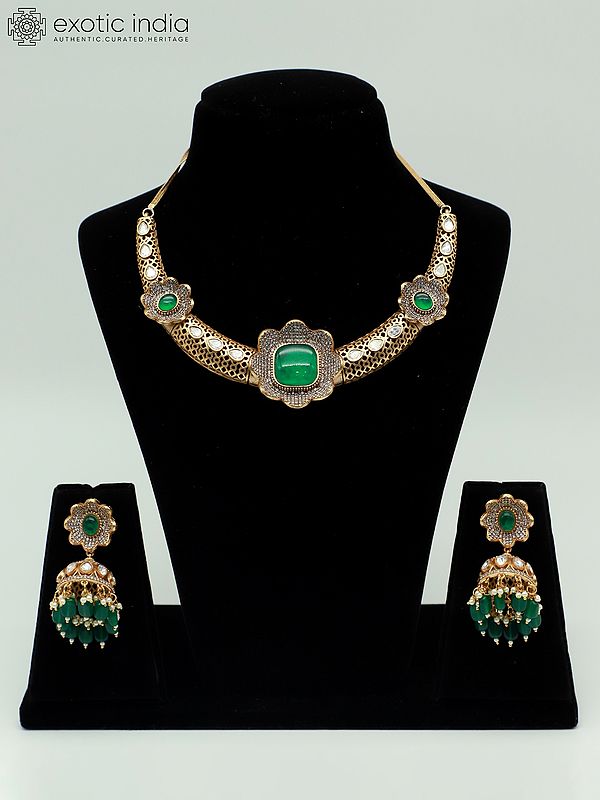 Attractive Moissanite Kundan With Matt Polish Stone Studded Necklace With Beaded Earrings
